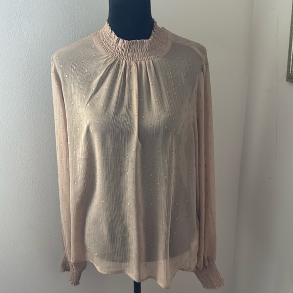 Express blush gold speckled smocked high collar long sleeves semi sheer blouse L - Picture 1 of 7